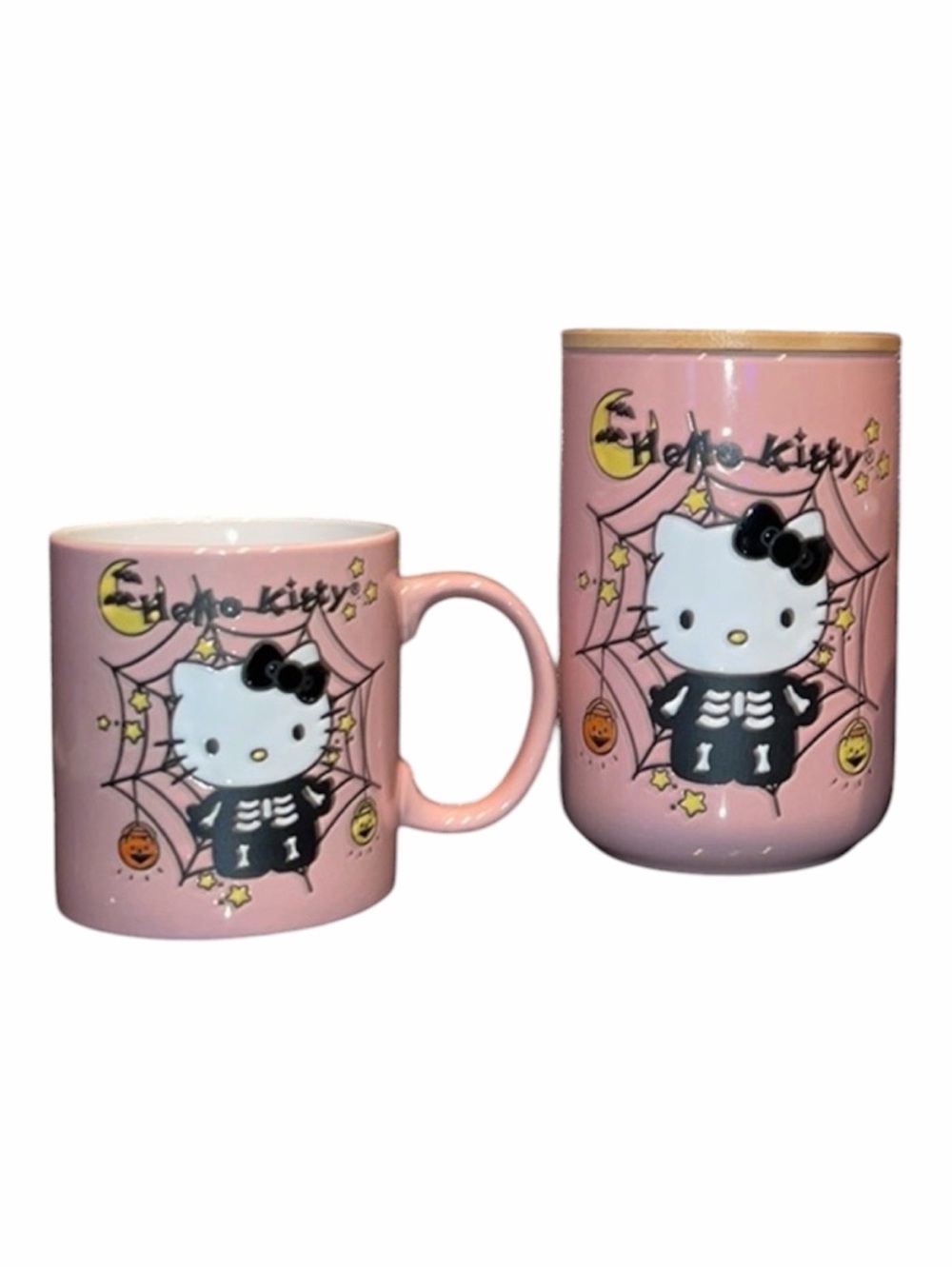 Pink Halloween Hello Kitty Canister & Mug Set Big Coffee Cup Storage Jar Wood